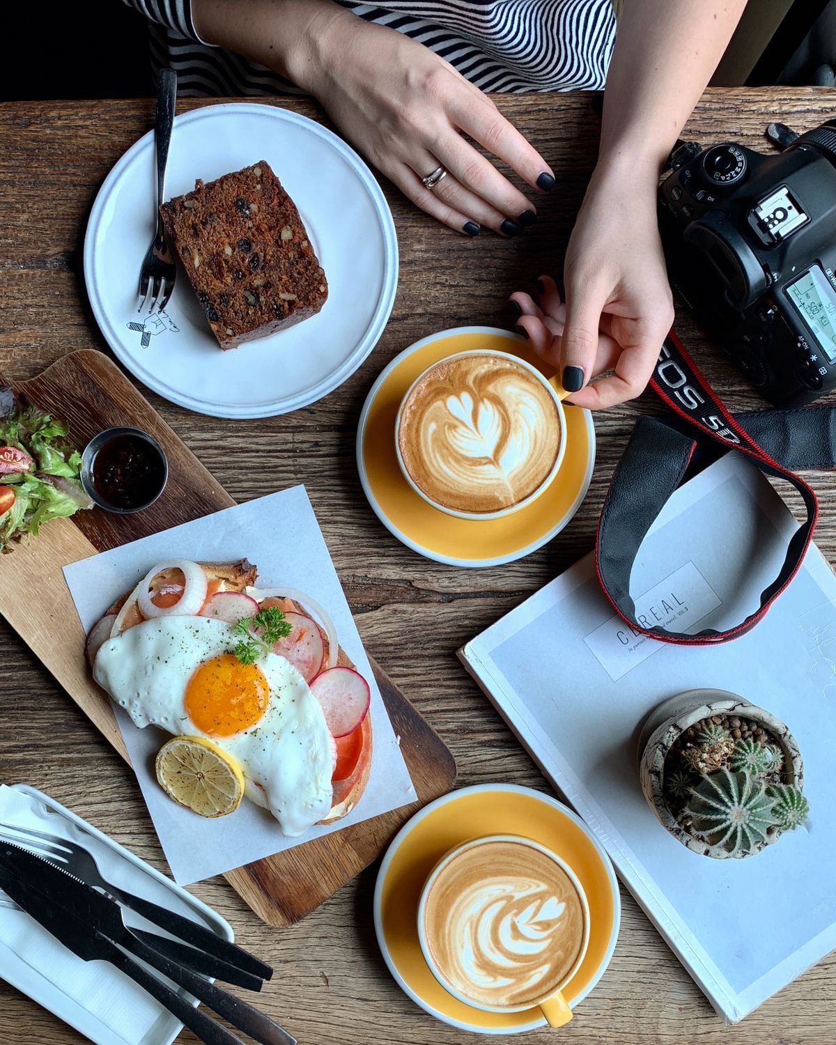 Eggs and coffee on a rustic wooden breakfast table